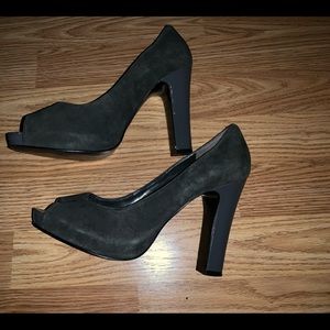 Nine West Grey Suede Peep Toe Platform Heels